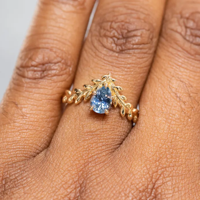 Rings Anueva Jewelry 085ct Blue Pear Sapphire Pointed Vine Prong Set Ring in 14k yellow gold