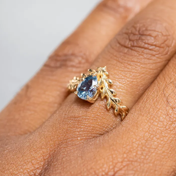Rings Anueva Jewelry 085ct Blue Pear Sapphire Pointed Vine Prong Set Ring in 14k yellow gold