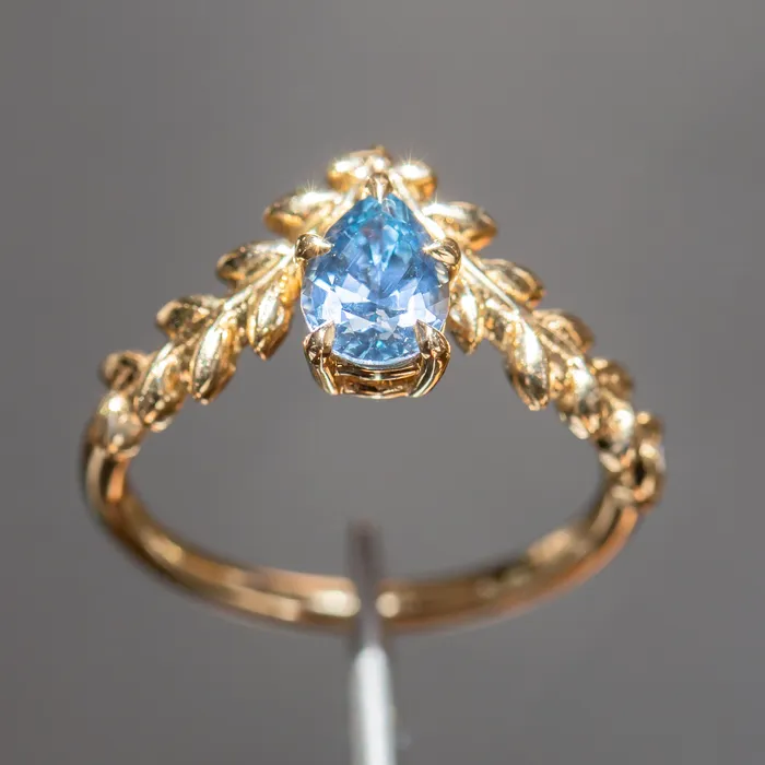 Rings Anueva Jewelry 085ct Blue Pear Sapphire Pointed Vine Prong Set Ring in 14k yellow gold