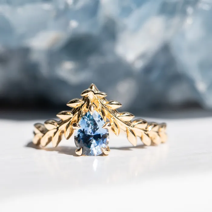Rings Anueva Jewelry 085ct Blue Pear Sapphire Pointed Vine Prong Set Ring in 14k yellow gold