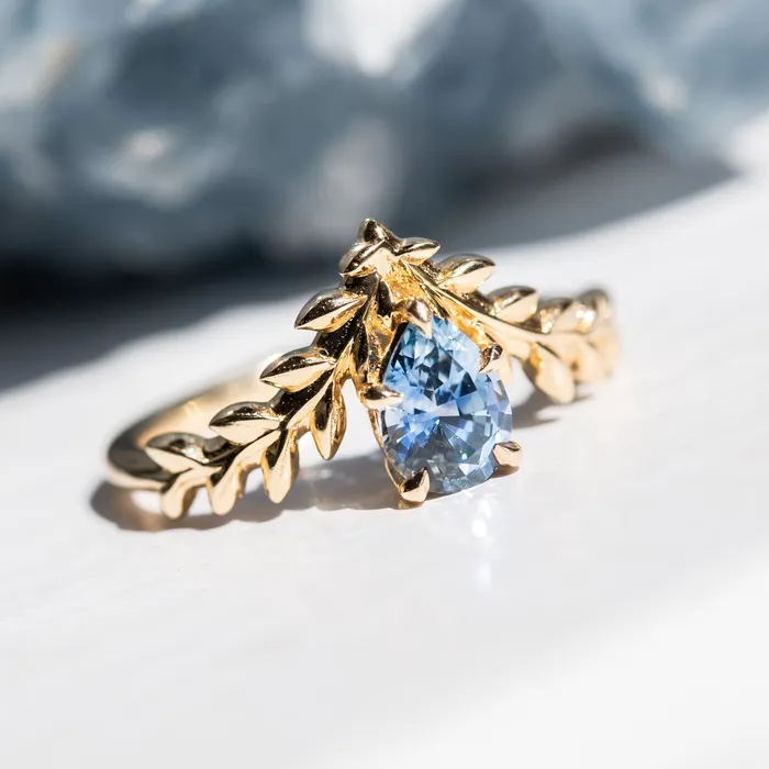 Rings Anueva Jewelry 085ct Blue Pear Sapphire Pointed Vine Prong Set Ring in 14k yellow gold