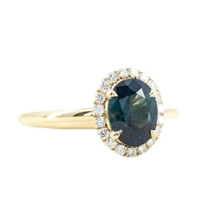Rings Anueva Jewelry 155ct Oval Blue Nigerian Sapphire and Diamond Four Prong Halo Ring in 14k Yellow Gold