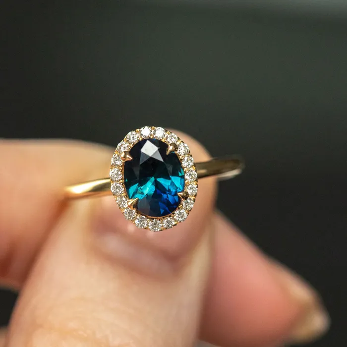 Rings Anueva Jewelry 155ct Oval Blue Nigerian Sapphire and Diamond Four Prong Halo Ring in 14k Yellow Gold