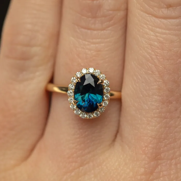 Rings Anueva Jewelry 155ct Oval Blue Nigerian Sapphire and Diamond Four Prong Halo Ring in 14k Yellow Gold