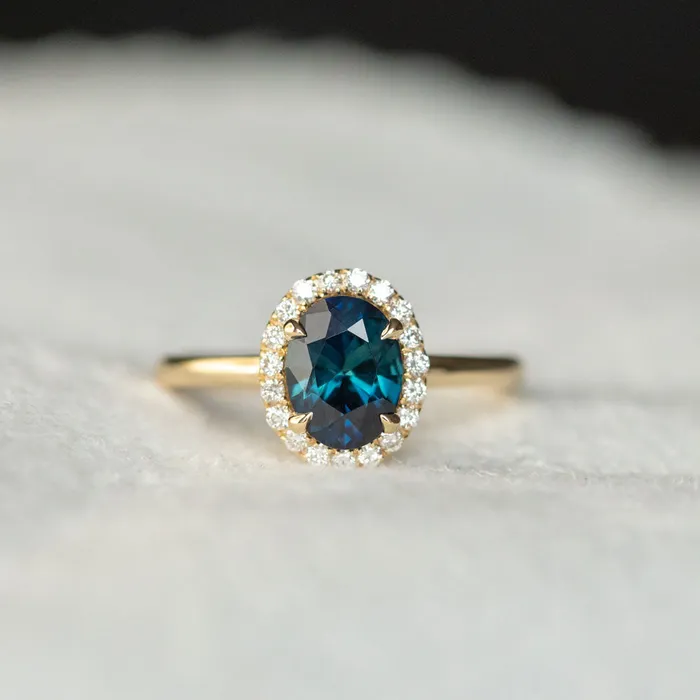 Rings Anueva Jewelry 155ct Oval Blue Nigerian Sapphire and Diamond Four Prong Halo Ring in 14k Yellow Gold