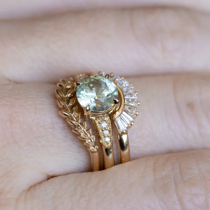 Rings Anueva Jewelry 167ct Minty Montana Sapphire Four Prong Low Profile Milgrain and Diamond Ring in 14k Yellow Gold