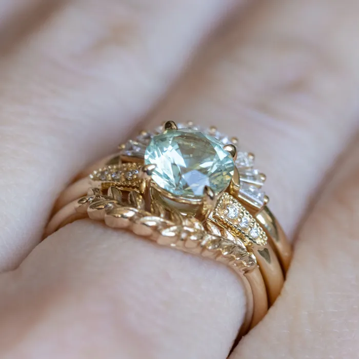 Rings Anueva Jewelry 167ct Minty Montana Sapphire Four Prong Low Profile Milgrain and Diamond Ring in 14k Yellow Gold