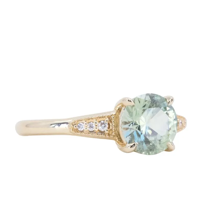 Rings Anueva Jewelry 167ct Minty Montana Sapphire Four Prong Low Profile Milgrain and Diamond Ring in 14k Yellow Gold