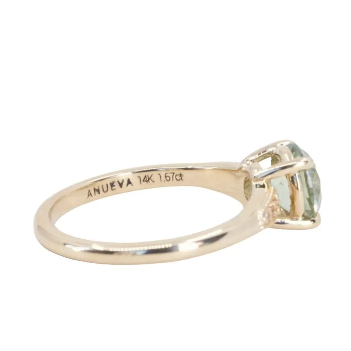 Rings Anueva Jewelry 167ct Minty Montana Sapphire Four Prong Low Profile Milgrain and Diamond Ring in 14k Yellow Gold