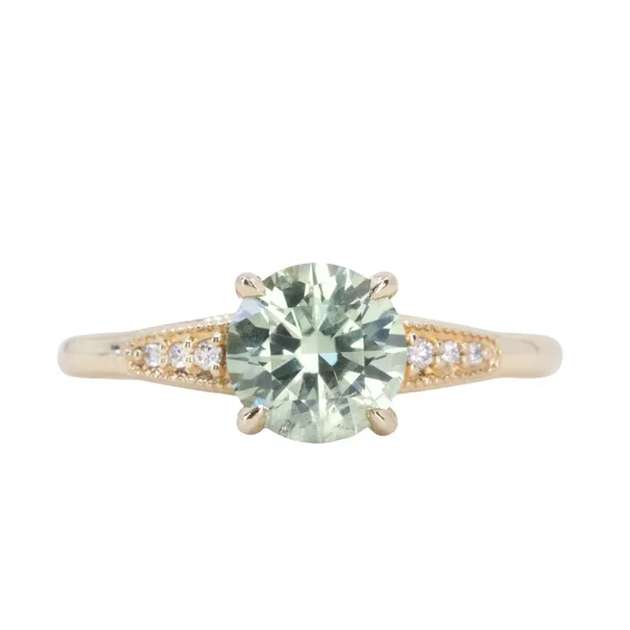 Rings Anueva Jewelry 167ct Minty Montana Sapphire Four Prong Low Profile Milgrain and Diamond Ring in 14k Yellow Gold
