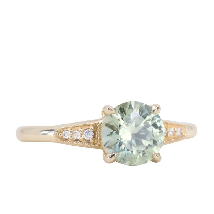 Rings Anueva Jewelry 167ct Minty Montana Sapphire Four Prong Low Profile Milgrain and Diamond Ring in 14k Yellow Gold