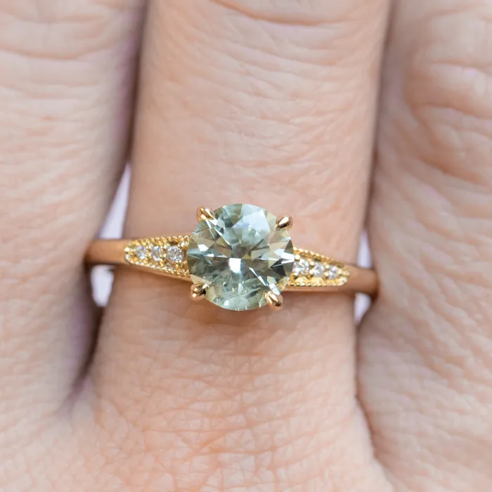 Rings Anueva Jewelry 167ct Minty Montana Sapphire Four Prong Low Profile Milgrain and Diamond Ring in 14k Yellow Gold
