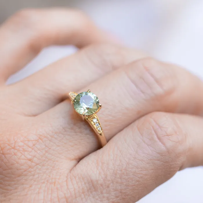 Rings Anueva Jewelry 167ct Minty Montana Sapphire Four Prong Low Profile Milgrain and Diamond Ring in 14k Yellow Gold