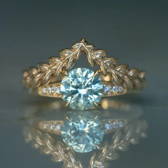 Rings Anueva Jewelry 167ct Minty Montana Sapphire Four Prong Low Profile Milgrain and Diamond Ring in 14k Yellow Gold
