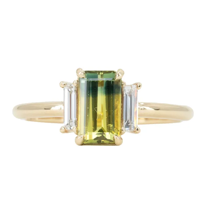 Rings Michael Couch 137ct Parti Emerald Cut Sapphire and Diamond Low Profile Three Stone Ring in 14k Yellow Gold Rings Michael Couch 137ct Parti Emerald Cut Sapphire and Diamond Low Profile Three Stone Ring in 14k Yellow Gold