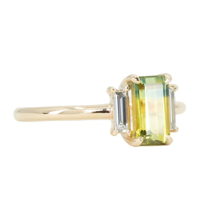 Rings Michael Couch 137ct Parti Emerald Cut Sapphire and Diamond Low Profile Three Stone Ring in 14k Yellow Gold