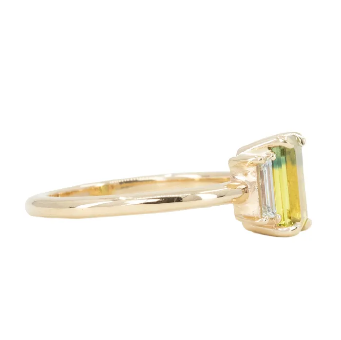 Rings Michael Couch 137ct Parti Emerald Cut Sapphire and Diamond Low Profile Three Stone Ring in 14k Yellow Gold