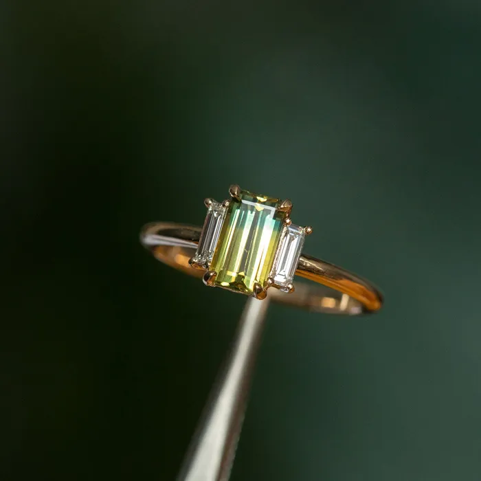 Rings Michael Couch 137ct Parti Emerald Cut Sapphire and Diamond Low Profile Three Stone Ring in 14k Yellow Gold