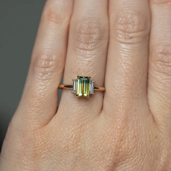 Rings Michael Couch 137ct Parti Emerald Cut Sapphire and Diamond Low Profile Three Stone Ring in 14k Yellow Gold