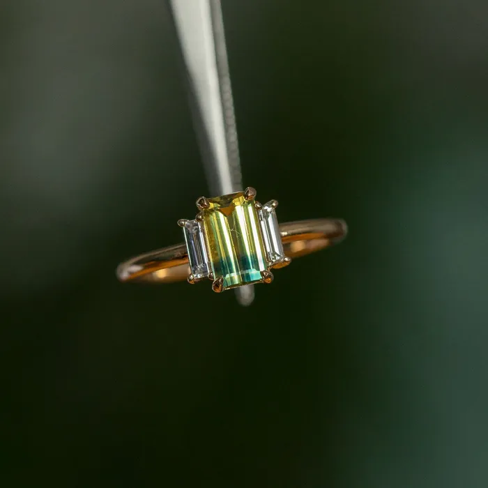 Rings Michael Couch 137ct Parti Emerald Cut Sapphire and Diamond Low Profile Three Stone Ring in 14k Yellow Gold