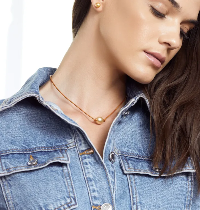 SPT Necklaces Golden South Sea Baroque Pearl on Leather Necklace