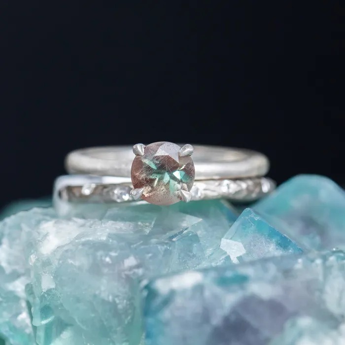 Sunstone Rings 076ct Round Oregon Sunstone Solitaire Ring in Satin Sterling Silver