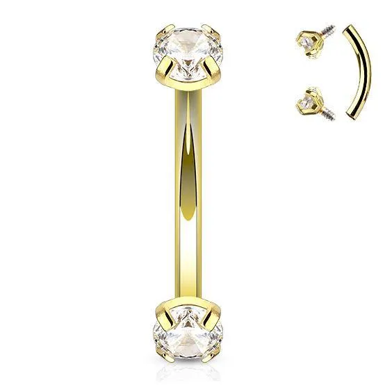 Tulsa Body Jewelry 16g Prong CZ Gold Curved Barbell PreStyled Sets